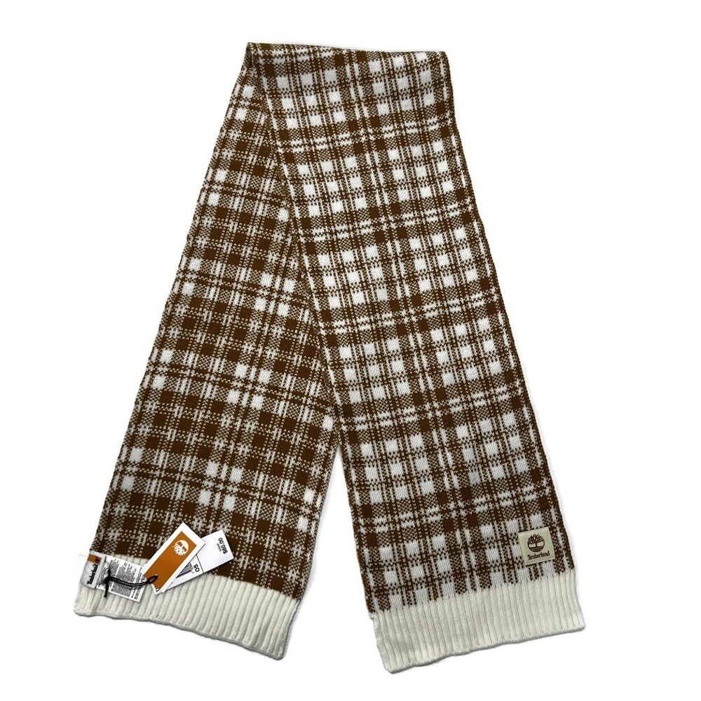 Timberland Plaid Scarf Wrap Shawl‎ New Acrylic Brown White Buffalo 10 x 63 NWT